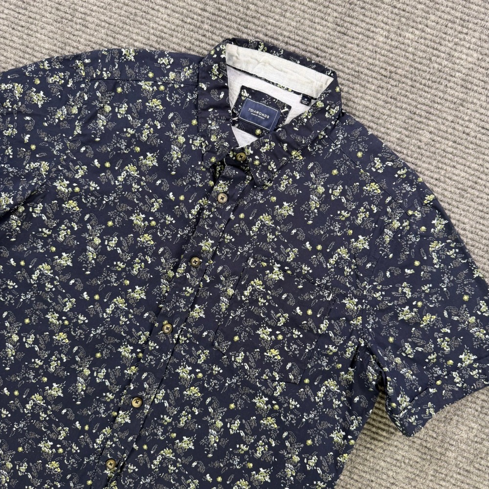 7 Diamonds Good Vibes Mens Navy Blue Floral Short Sleeve Button Down Shirt‎
